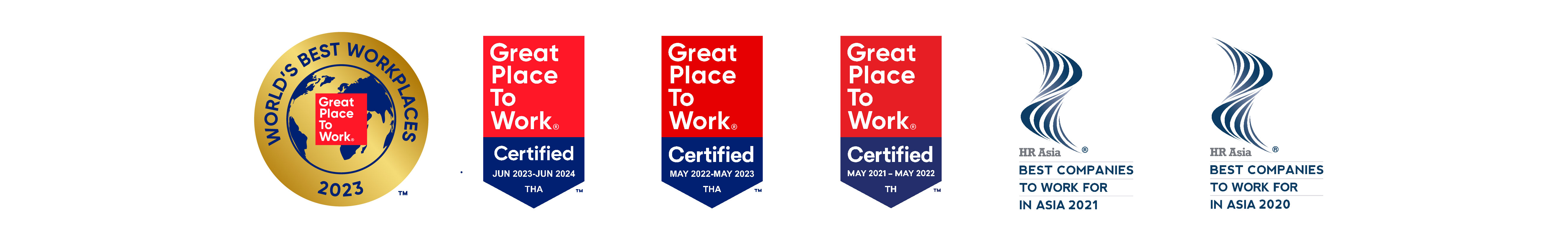 A variety of logos showing that Thoughtworks has been certified as a Great Place to Work in Thailand