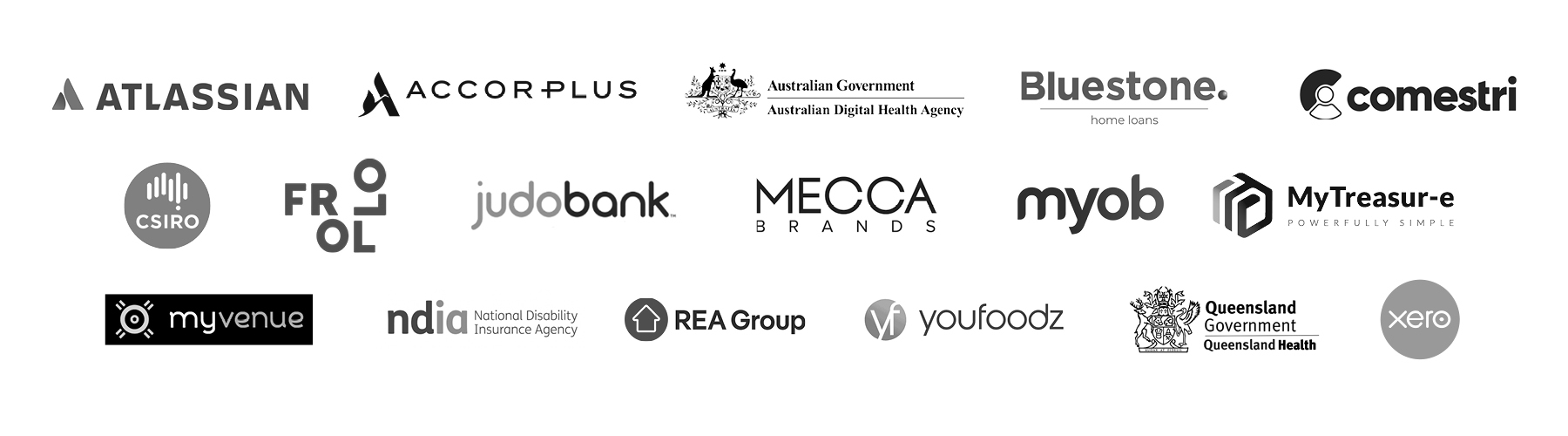 List of logos Atlassian, Accorplus,Australian Government,Bluetosne, Comestri,CSIRO, Frollo, Judobank, Mecca, Myob, Mytreasure,Myvenue,NDIA, Rea group, youfoodz,Queensland Government, Xero