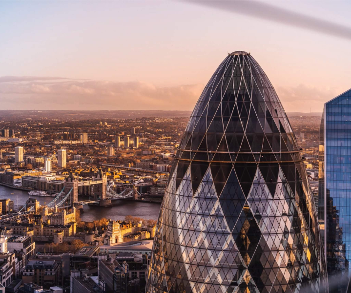 Aerial view of Gherkin building in London