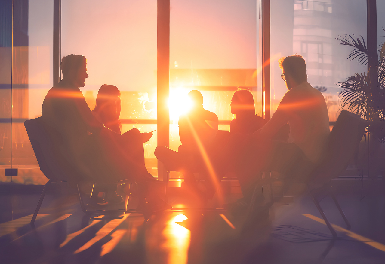 A group of people have a conversation in sunlit room.