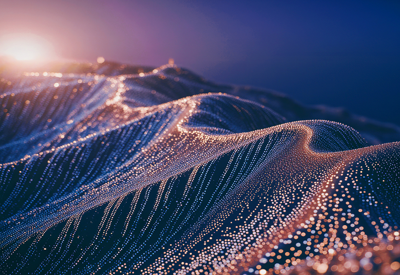 A digital mountain landscape with sunrise