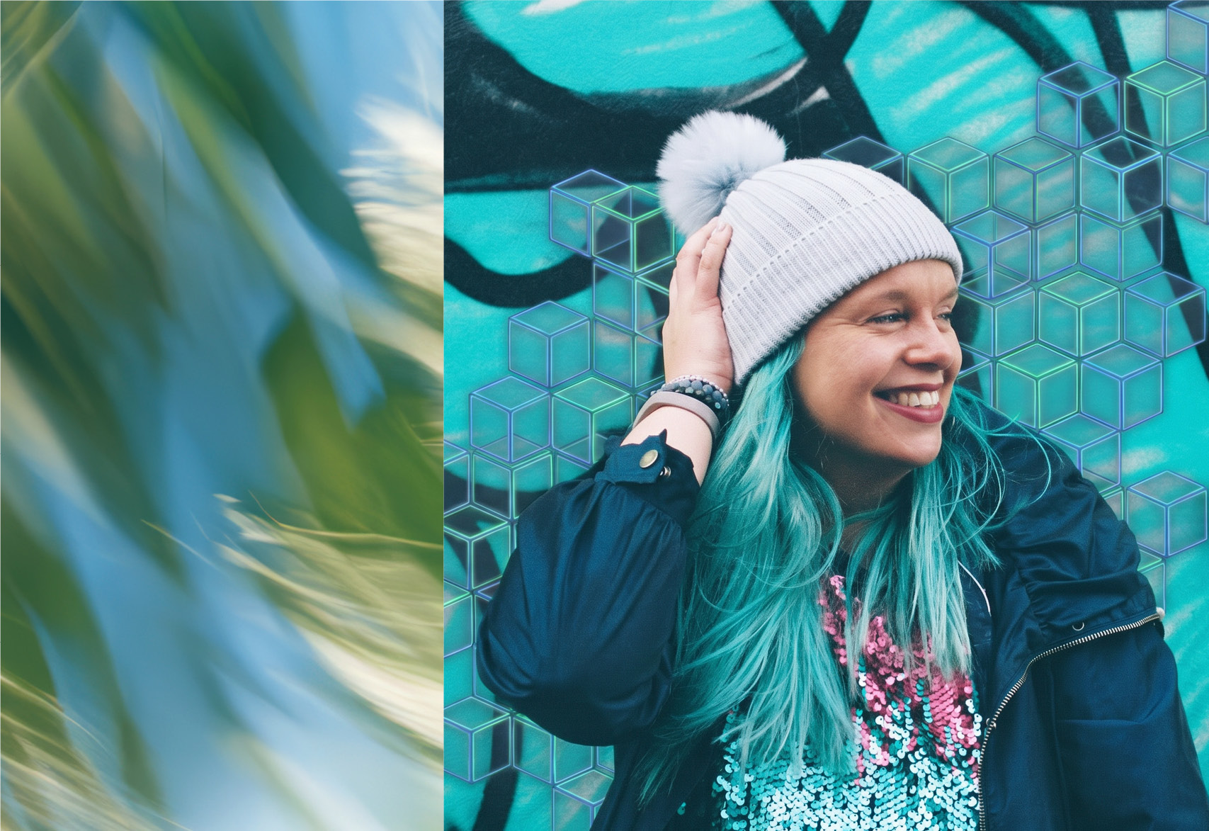 Our Head of DEI wearing a woolen hat, which she is holding on her head over blue hair. In the background is a blue mural with AI cubes.