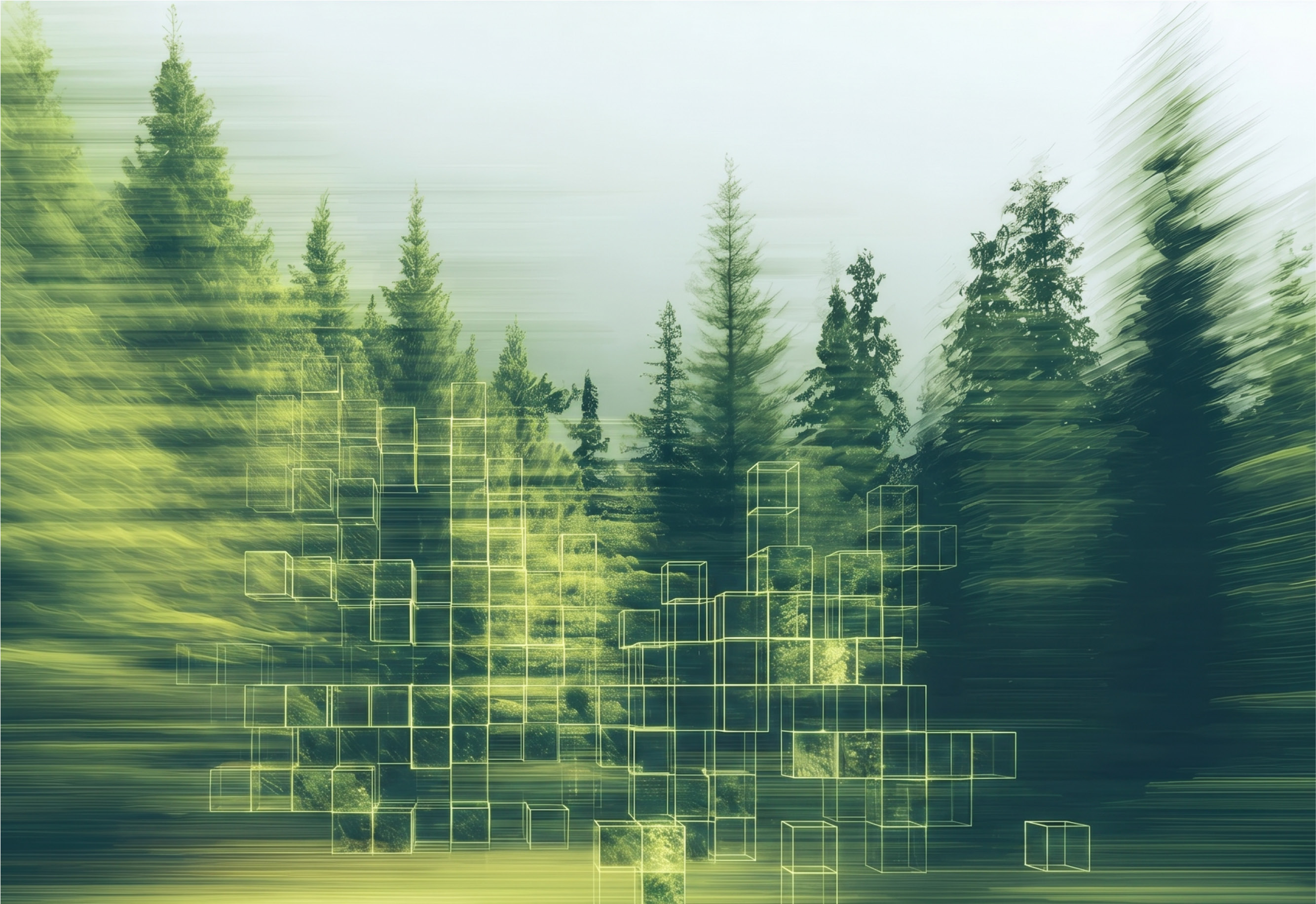 Long exposure illustration of a forest, which looks like we are moving away from it, with AI cubes on the journey