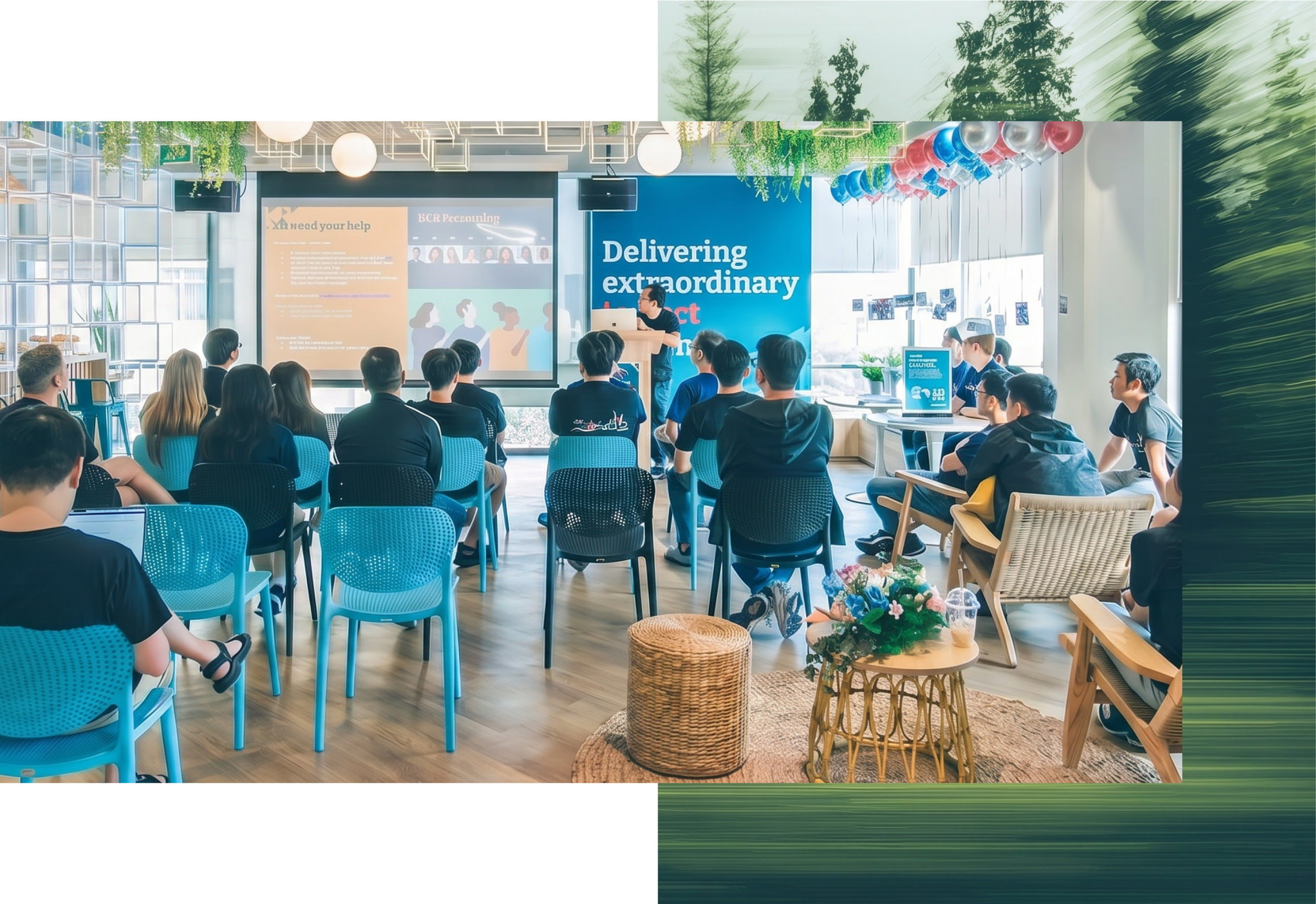 A group of technologists watching a talk in our Vietnam office which is decorated with balloons and plants hanging from the ceiling.