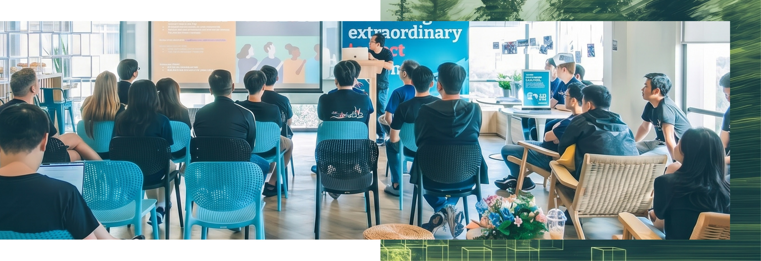 A group of technologists watching a talk in our Vietnam office which is decorated with balloons and plants hanging from the ceiling.
