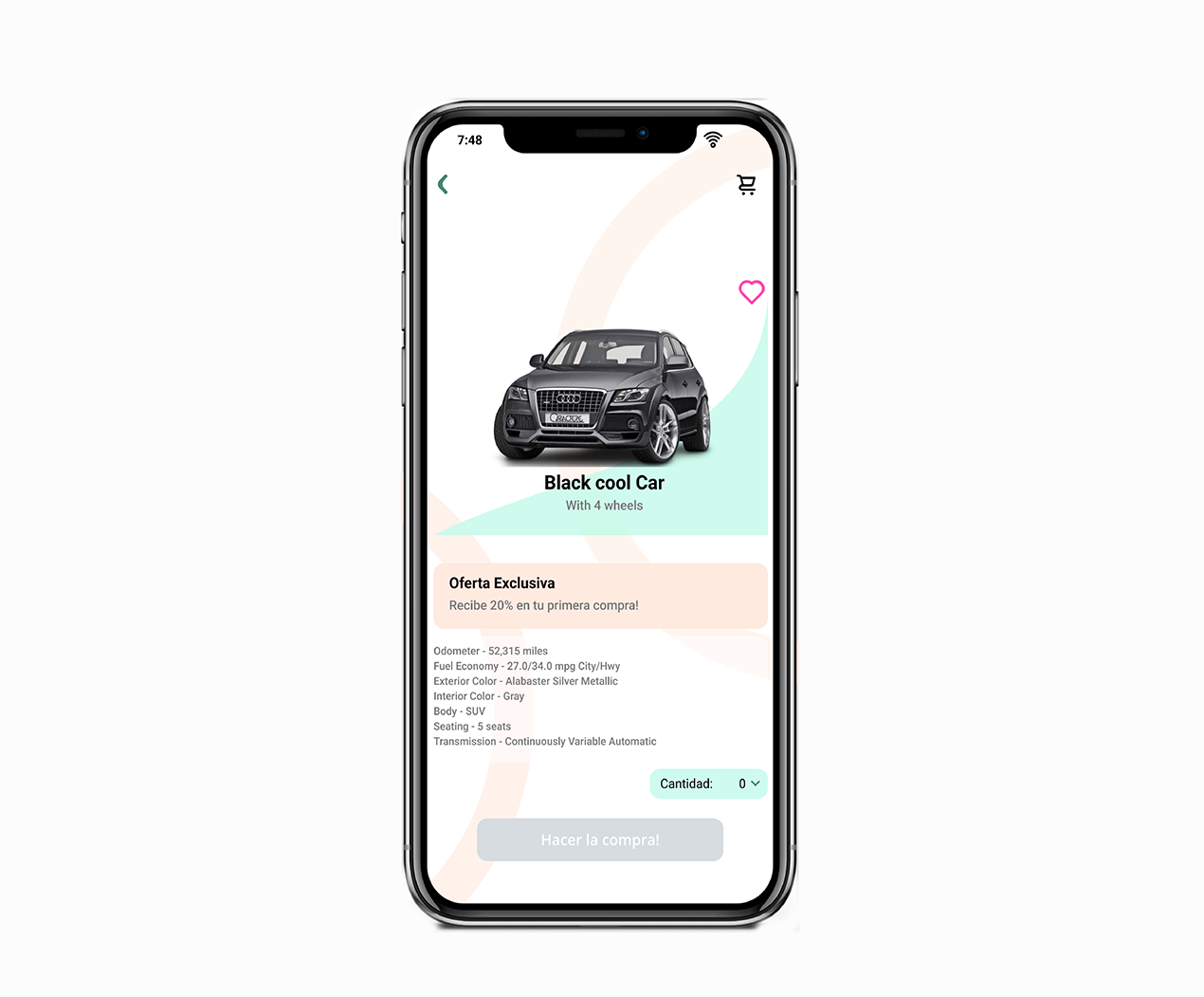 Aplicación de eCommerce, donde se muestra un automóvil negro con sus características