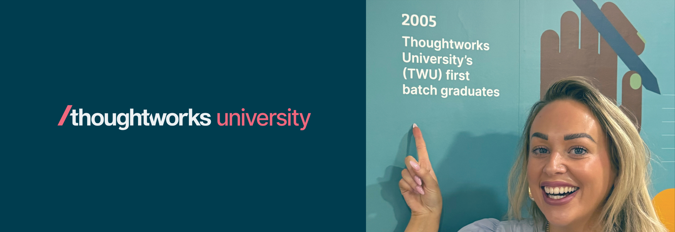 Jade, Global Head of First Year Experience at Thoughtworks, smiling and pointing to a wall graphic highlighting the 2005 milestone: “Thoughtworks University’s (TWU) first batch graduates,” during her visit to the India office. Jade, Global Head of First Year Experience at Thoughtworks, smiling and pointing to a wall graphic highlighting the 2005 milestone: “Thoughtworks University’s (TWU) first batch graduates,” during her visit to the India office.