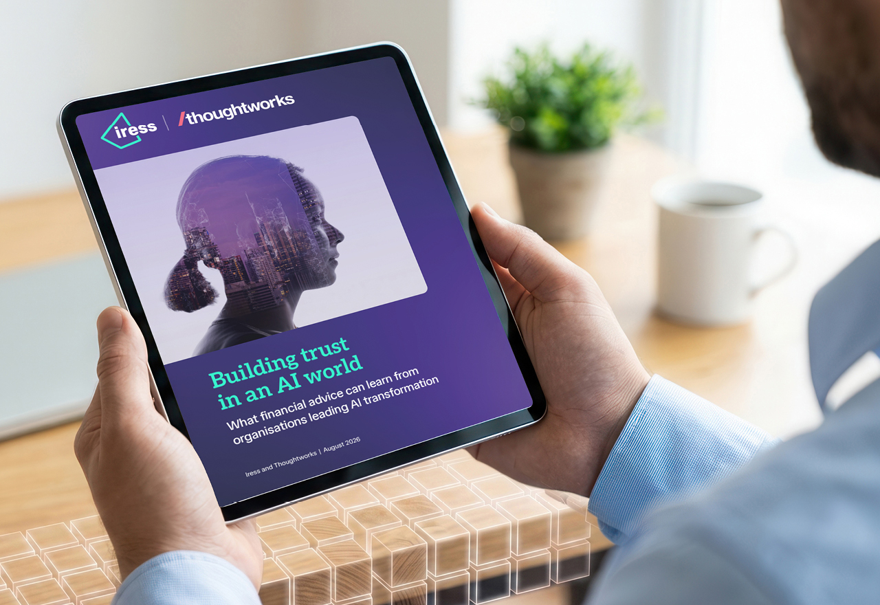 Mockup image of the Iress and Thoughtworks report on an tablet