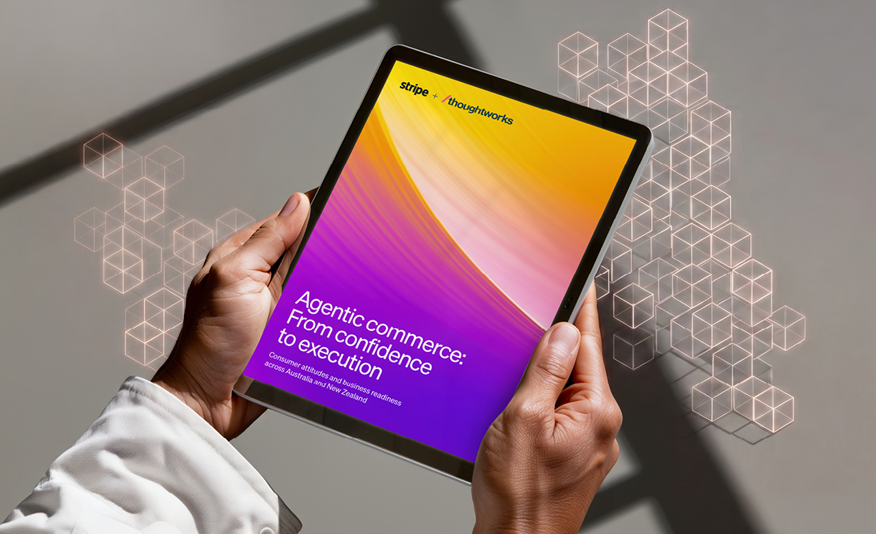 Mockup image of the Stripe and Thoughtworks agentic commerce report on an tablet