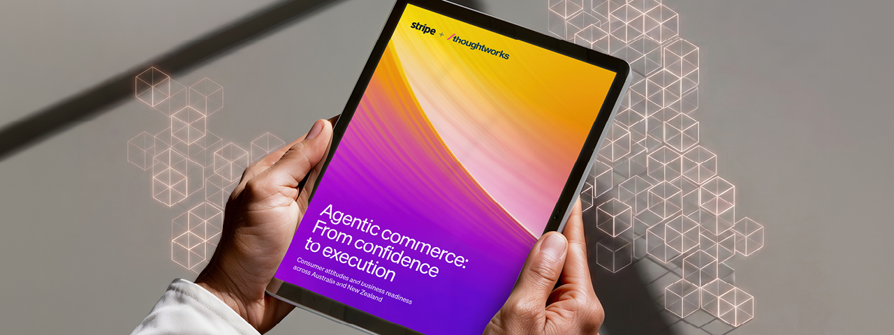 Mockup image of the Stripe and Thoughtworks agentic commerce report on an tablet