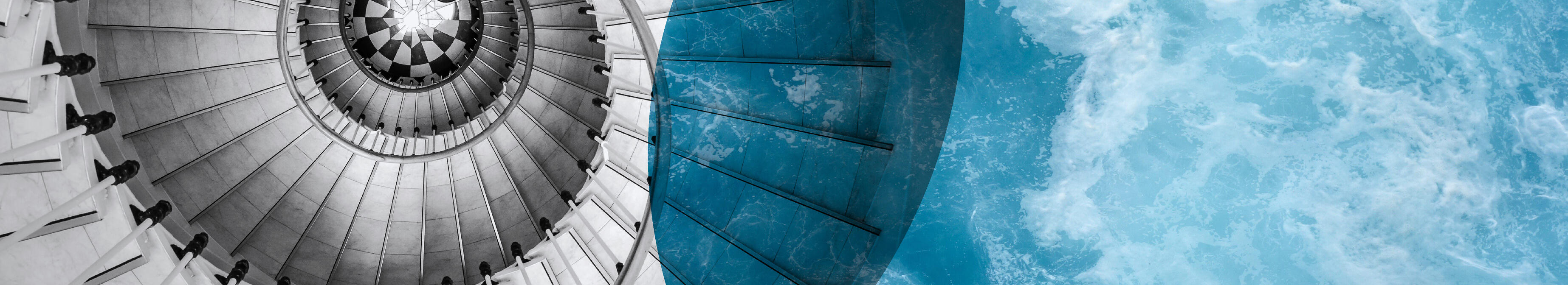 Image of spiral stairs overlaid with the ocean