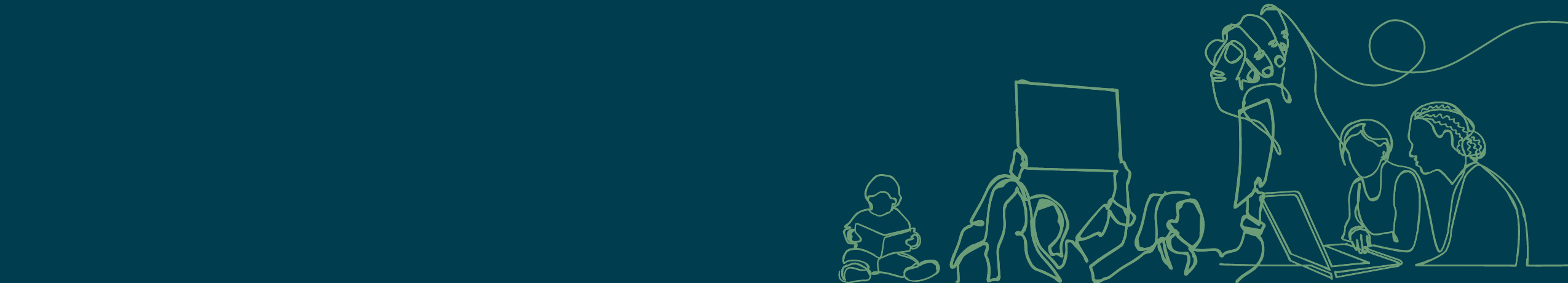 Ilustração em linha verde sobre um fundo azul: um protesto, pessoas reunidas em um laptop, uma criança e um punho