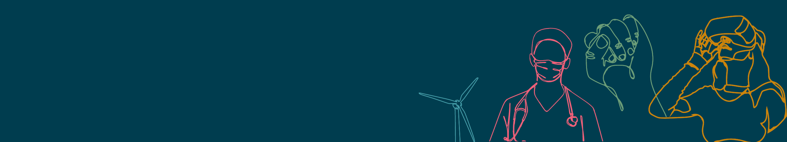 Imagem decorativa: desenho de linha mostrando um médico, um moinho de vento, um punho erguido em protesto e alguém interagindo com IA - onde tecnologia e sociedade interagem neste relatório