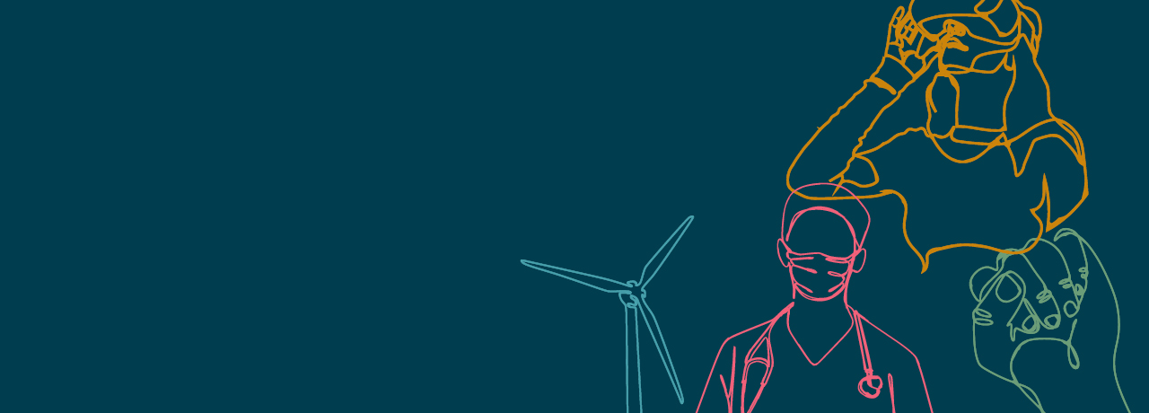 Imagem decorativa: desenho de linha mostrando um médico, um moinho de vento, um punho erguido em protesto e alguém interagindo com IA - onde tecnologia e sociedade interagem neste relatório