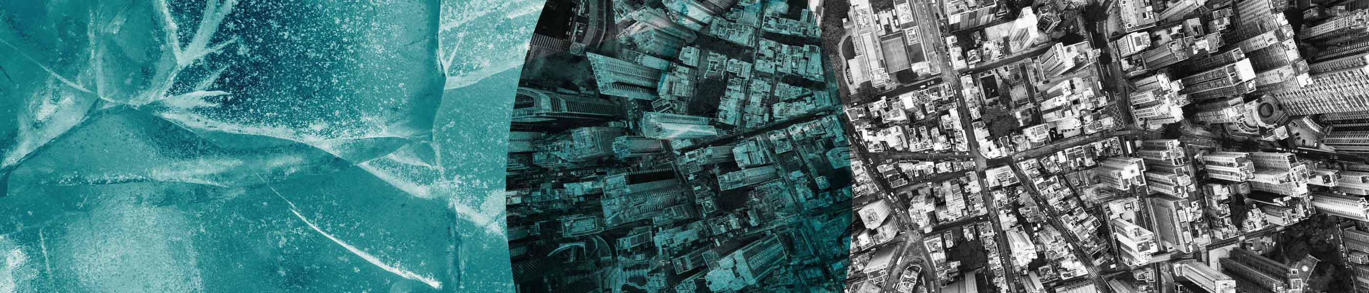 Overlapping photos of cracked ice and a towering city scape, seen from above