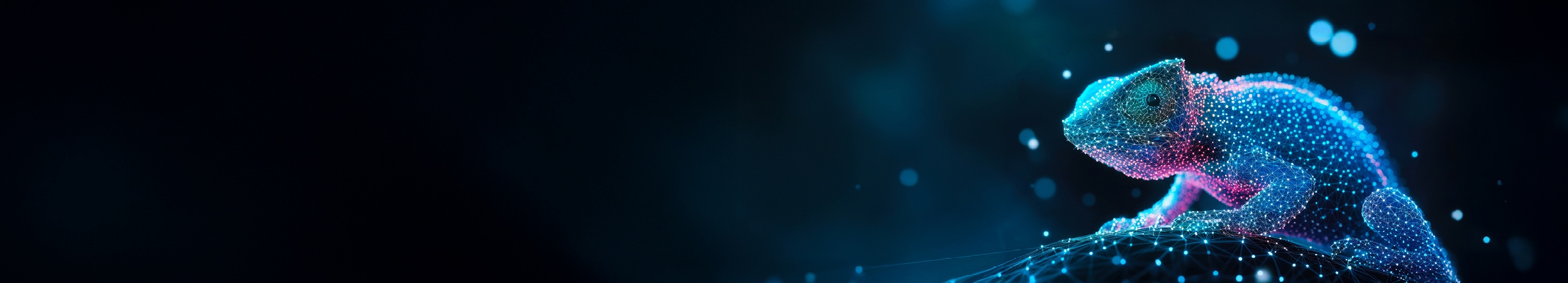 Blue and purple digital chameleon on a dark background