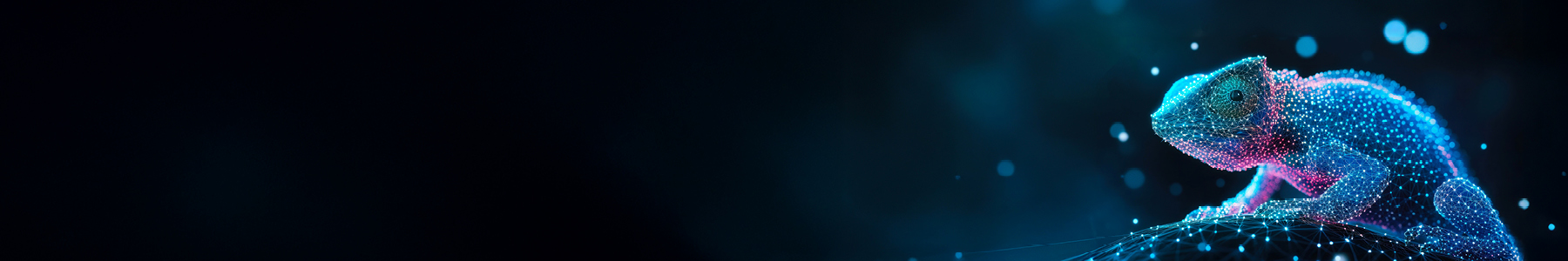 Blue and purple digital chameleon on a dark background