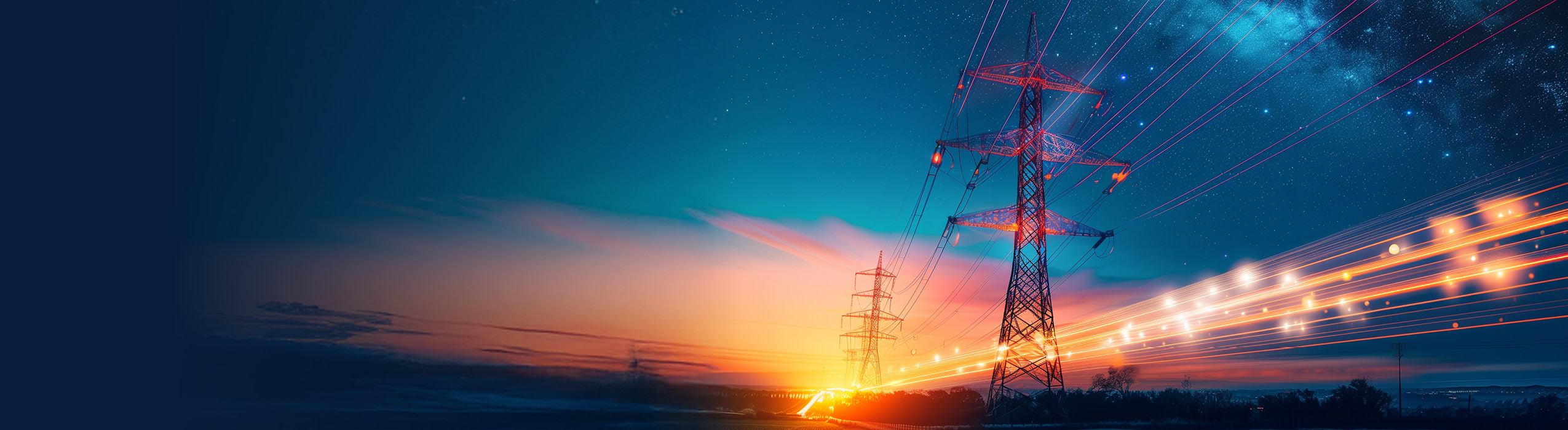 Panoramic view of two electrical transmission towers under a dramatic sky, symbolizing the innovation of an energy company. The left side of the sky transitions from vibrant sunset hues to a starlit night, while bright, glowing orange lines radiate from the towers, representing the flow of energy and advanced power transmission technology.
