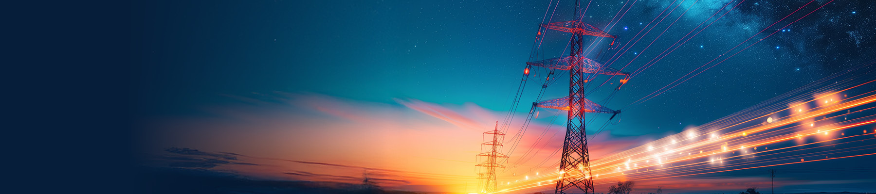 Panoramic view of two electrical transmission towers under a dramatic sky, symbolizing the innovation of an energy company. The left side of the sky transitions from vibrant sunset hues to a starlit night, while bright, glowing orange lines radiate from the towers, representing the flow of energy and advanced power transmission technology.