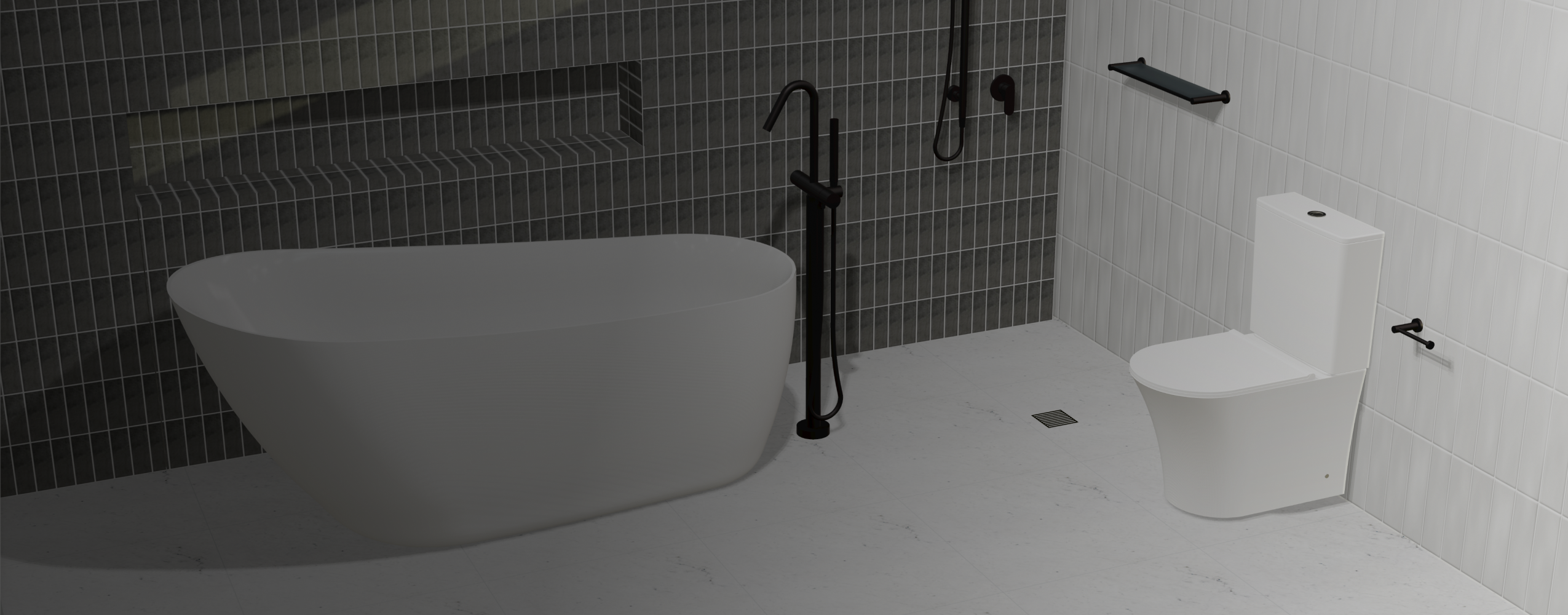 Virtual 3D model of a modern bathroom including a white bathtub and white toilet suite against black and white tiled walls.