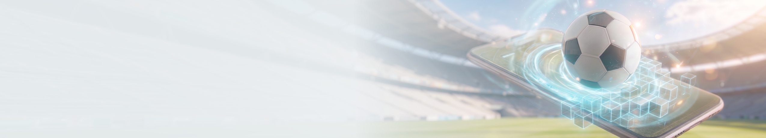 A wide banner showing a soccer stadium background that fades to white on the left. On the right, a soccer ball floats above a smartphone screen, surrounded by glowing blue digital data rings and holographic cubes, symbolizing sports technology.