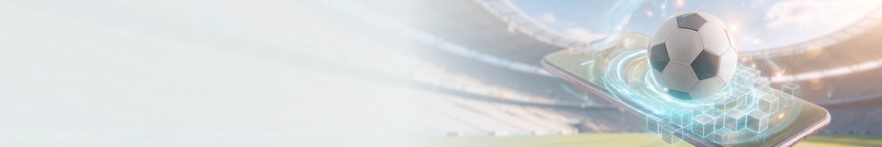 A wide banner showing a soccer stadium background that fades to white on the left. On the right, a soccer ball floats above a smartphone screen, surrounded by glowing blue digital data rings and holographic cubes, symbolizing sports technology.