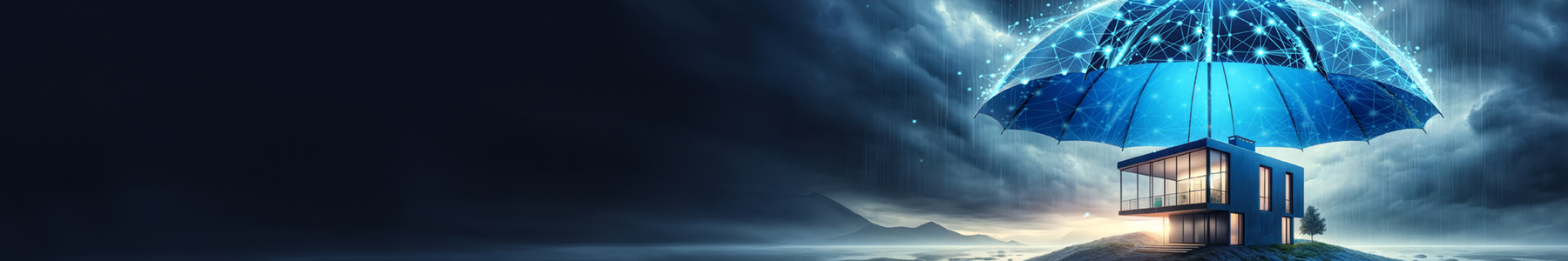 A blue umbrella, connected by lines of light, protects a modern house on a small island.