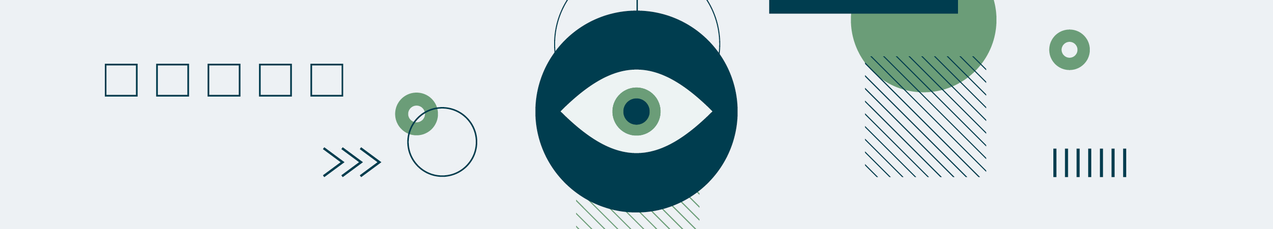Illustration of an eye over a dark blue background with gemetrical shapes in yellow, pink and blue