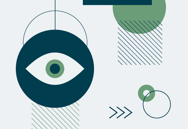Illustration of an eye over a dark blue background with gemetrical shapes in yellow, pink and blue