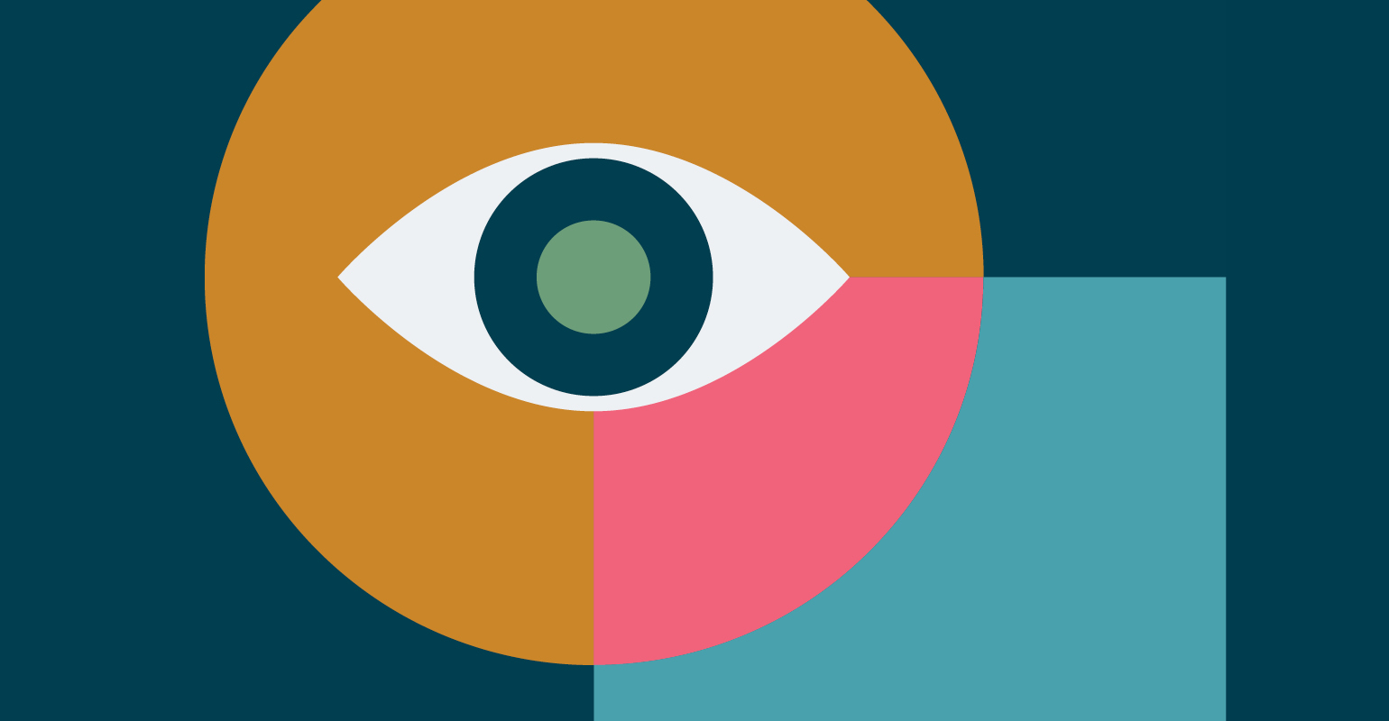 Illustration of an eye over a dark blue background with gemetrical shapes in yellow, pink and blue