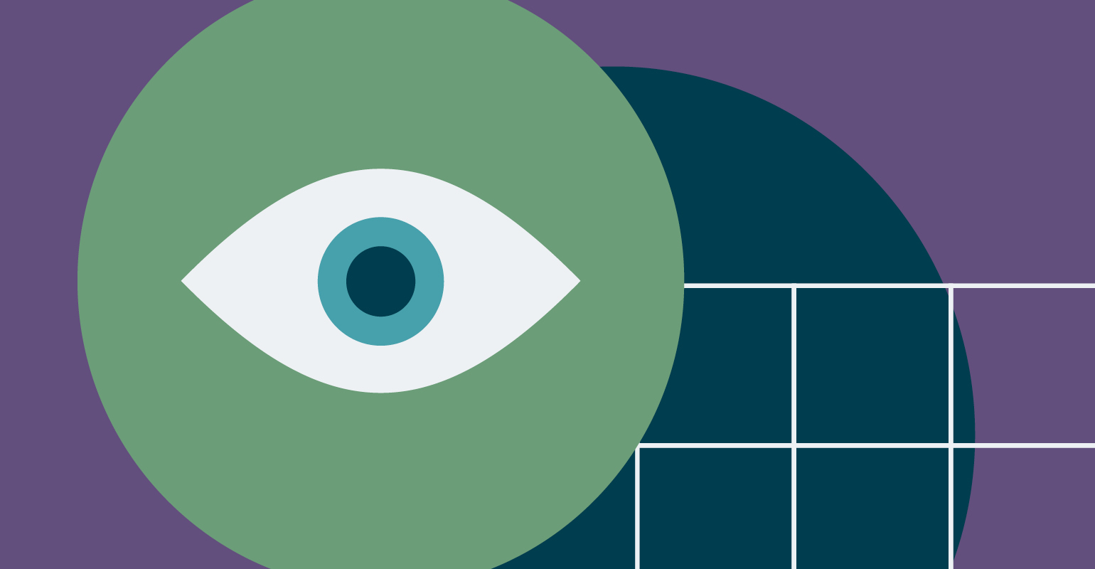Illustration of an blue eye over a purple backgrounf and white grid with geometric shapes