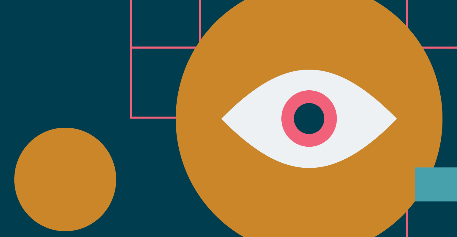 Illustration of a pink eye over a dark blue background with a pink grid and yellow and blue geometric shapes