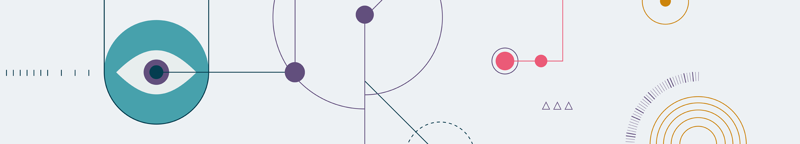 Illustration of an eye over a light grey background with geometrical shapes in yellow, purple and blue