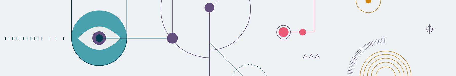 Illustration of an eye over a light grey background with geometrical shapes in yellow, purple and blue