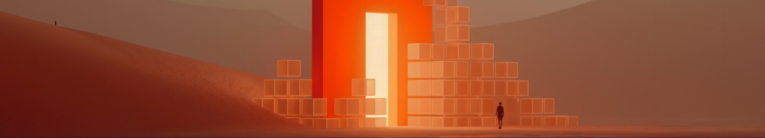 A silhouette approaches a doorway formed by orange cubes