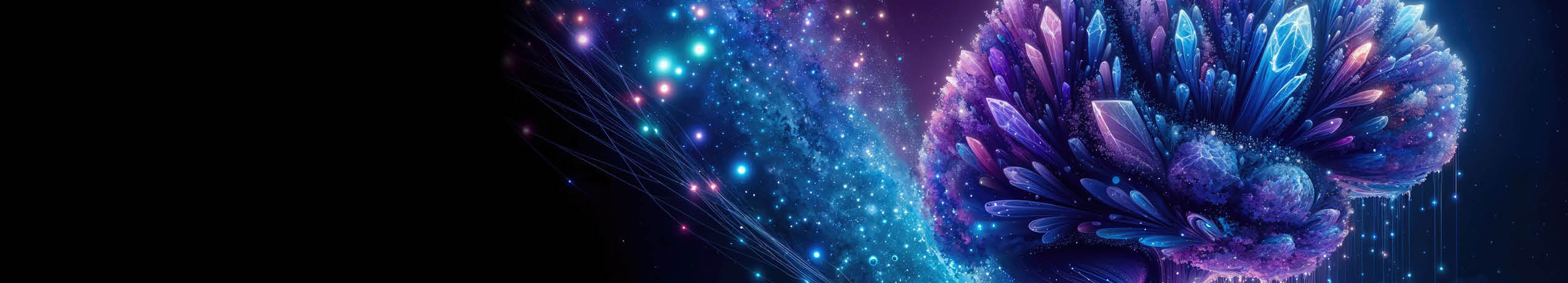 A vibrant, abstract image of a brain-shaped crystal formation, with intricate details and a cosmic background. The colors are primarily purple and blue, with hints of pink and white.