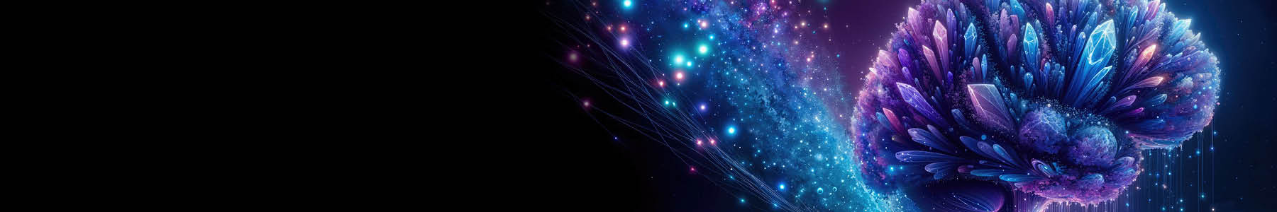 A vibrant, abstract image of a brain-shaped crystal formation, with intricate details and a cosmic background. The colors are primarily purple and blue, with hints of pink and white.
