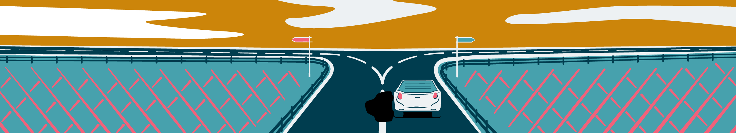 Illustration eines Autos, das auf eine Kreuzung zufährt, was auf Entwicklung und Veränderung hindeutet
