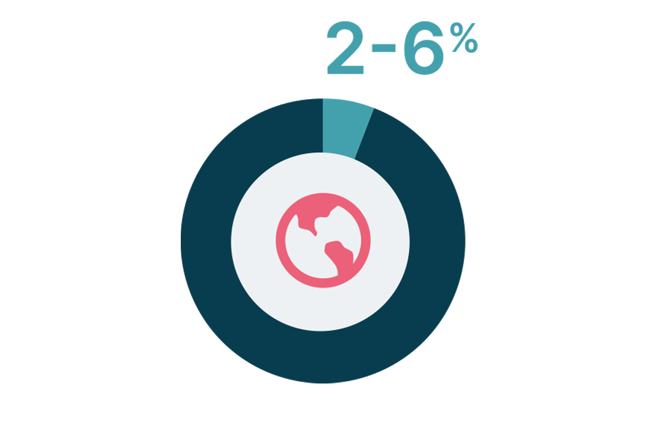 Donut chart showing a world icon and 2-6%