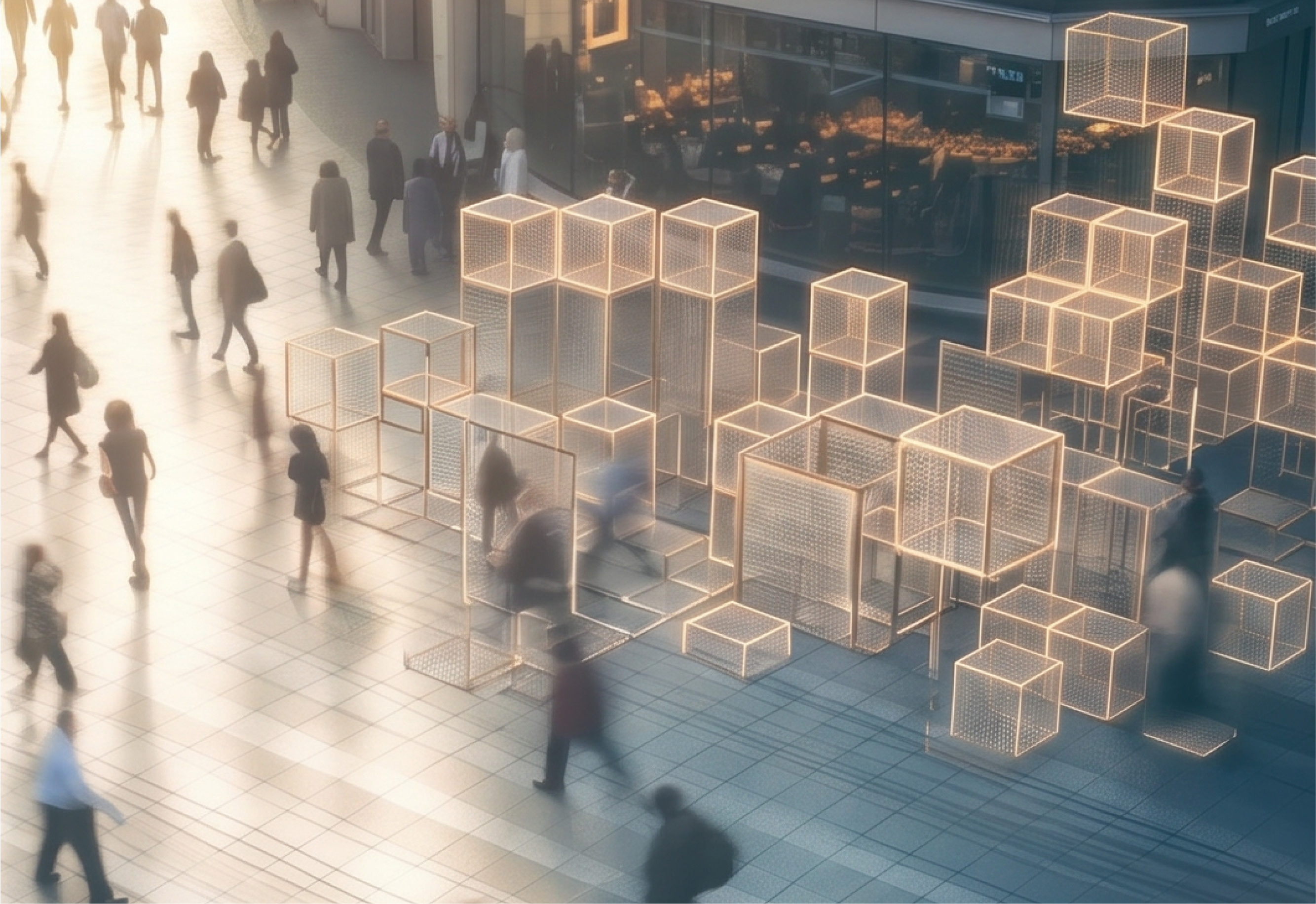Long exposure image of people crossing a busy junction, with AI cubes creating structures around them
