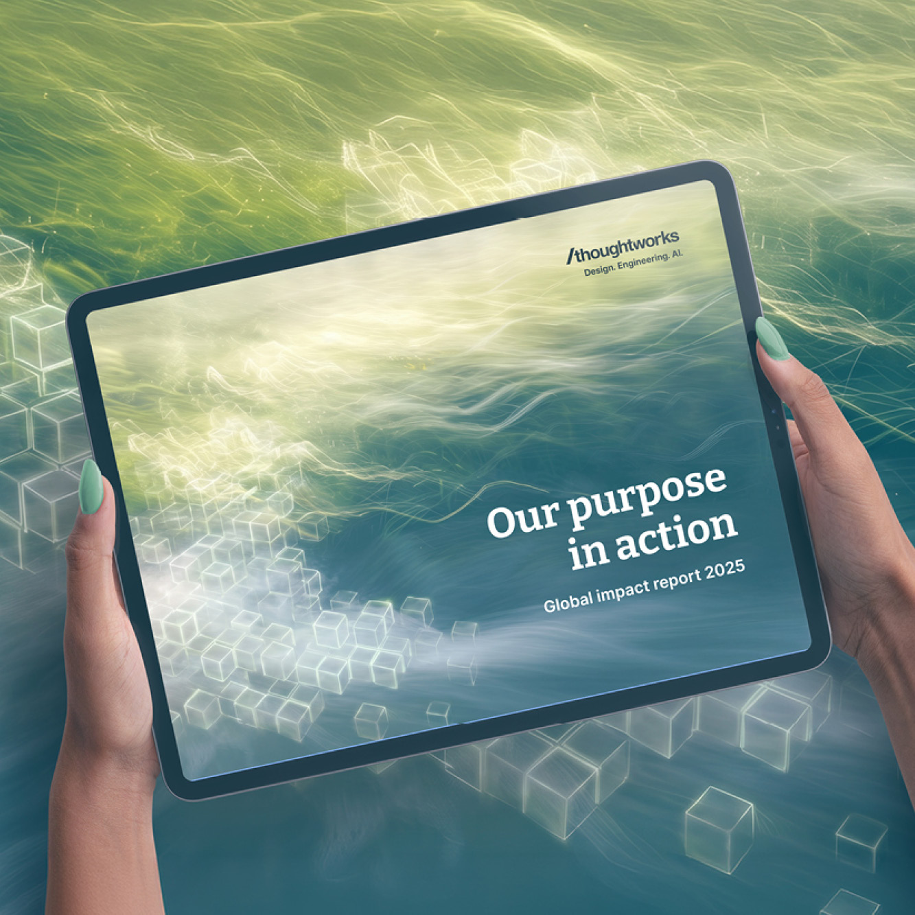 Seascape with the Global impact report being held above it