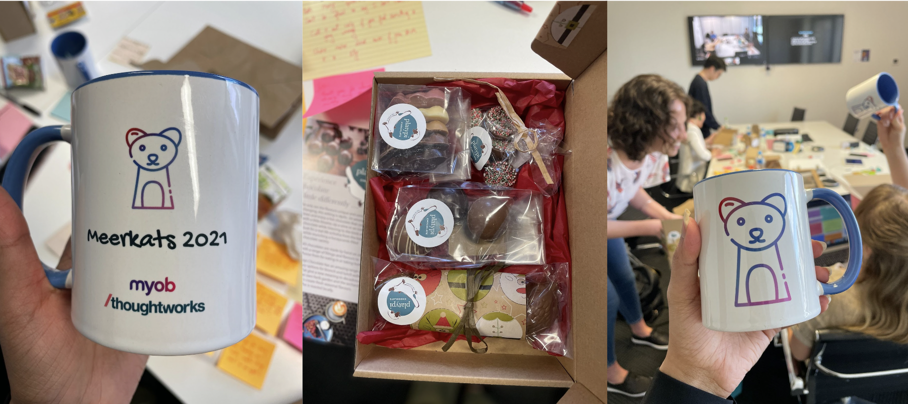 Image of the MYOB and Thoughtworks grad program mascot on a mug with meerkats 2021 below and both logos. Middle image is of a box of goodies. Left image shows the an image of the meerkat mug and grads around a desk with post it notes.