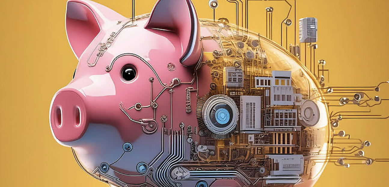 Digital piggy bank placed on a mustard yellow background