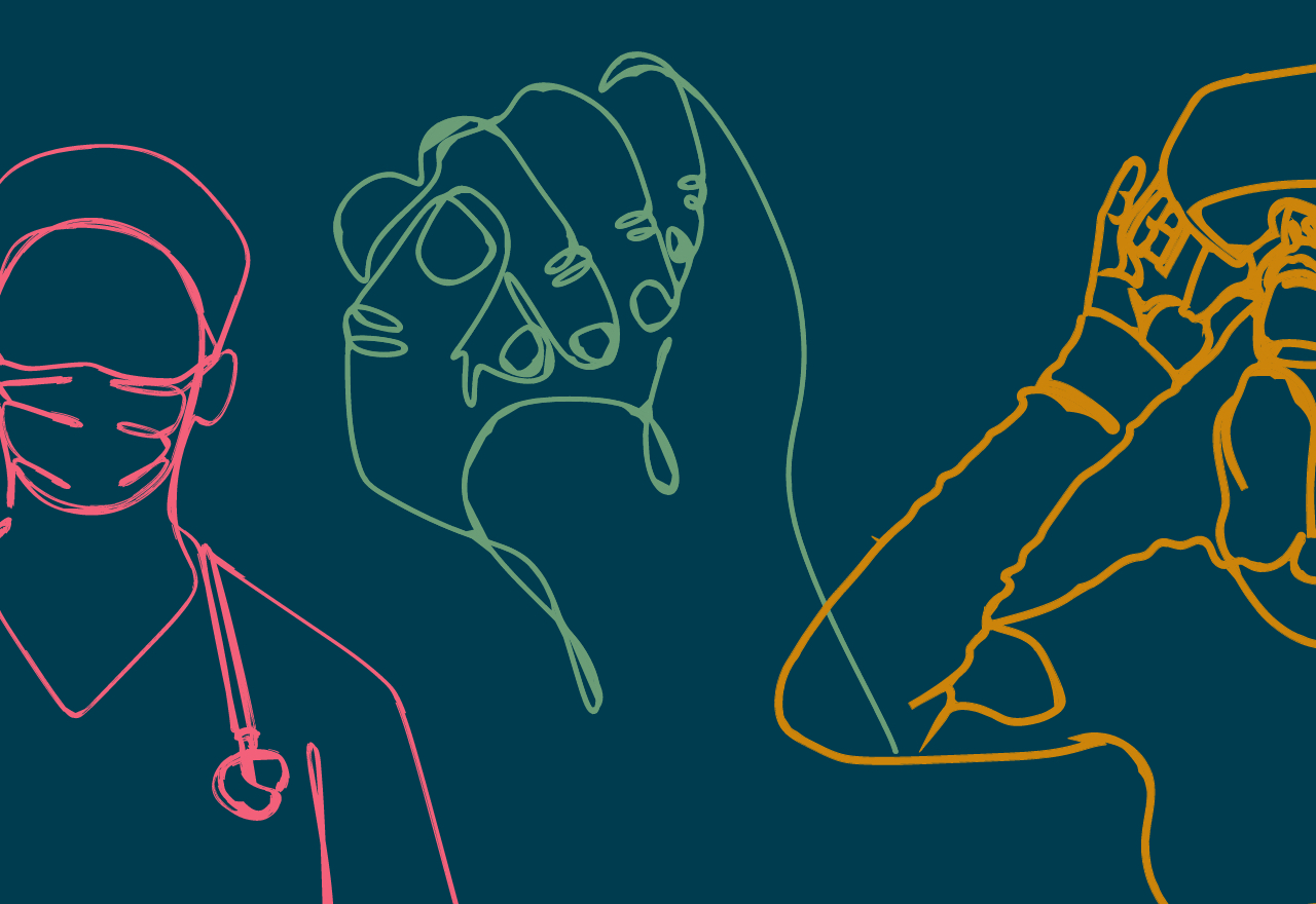 Ilustração com linhas coloridas nas cores rosa, verde e amarelo sobre um fundo azul escuro; as linhas formam as figuras de um médico, uma turbina eólica, uma mãe que trabalha e um punho erguido em protesto