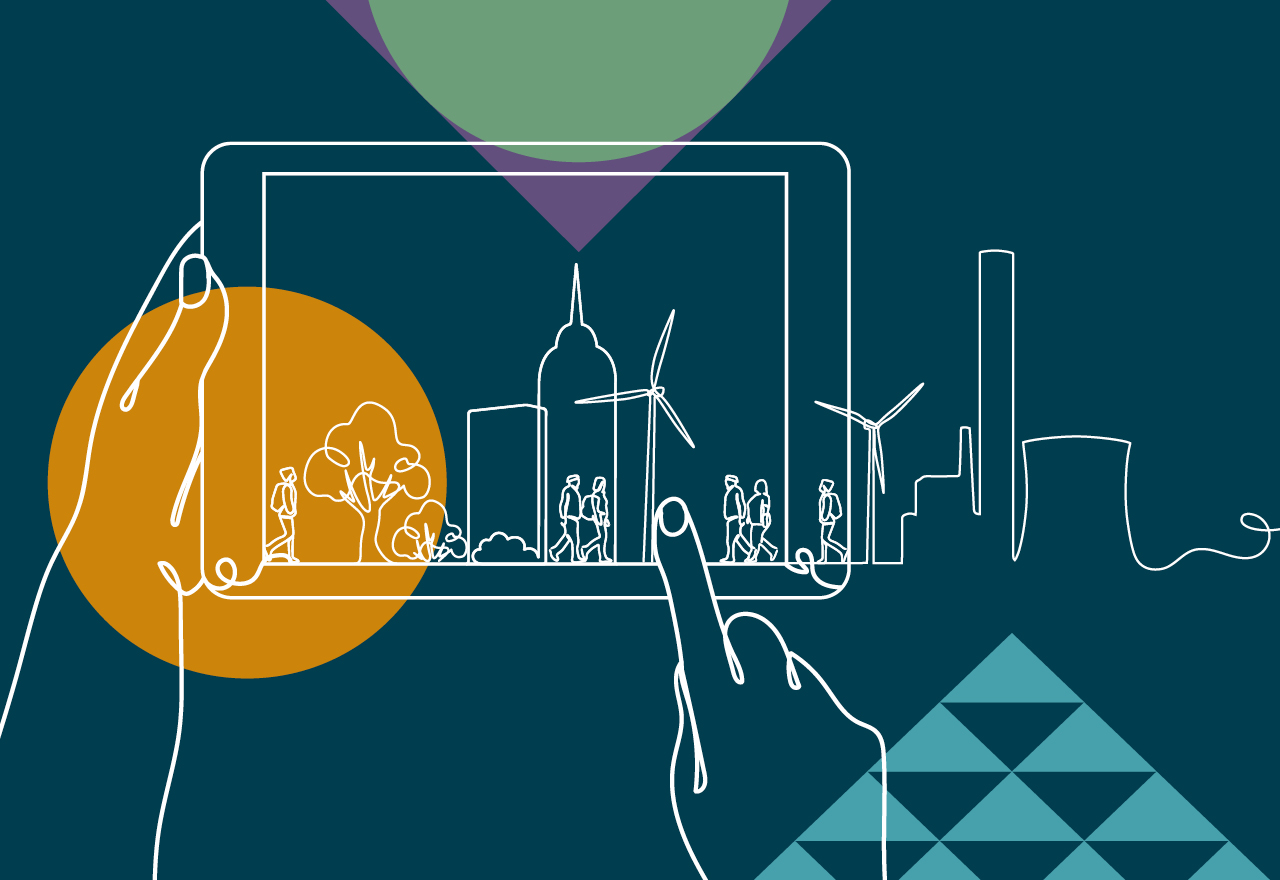 Line drawing of a city scape, within, and escaping from a tablet screen