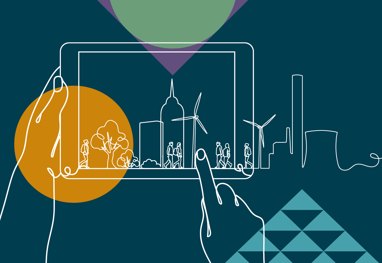 Dibujo de líneas de un paisaje urbano, dentro y fuera de la pantalla de una tableta