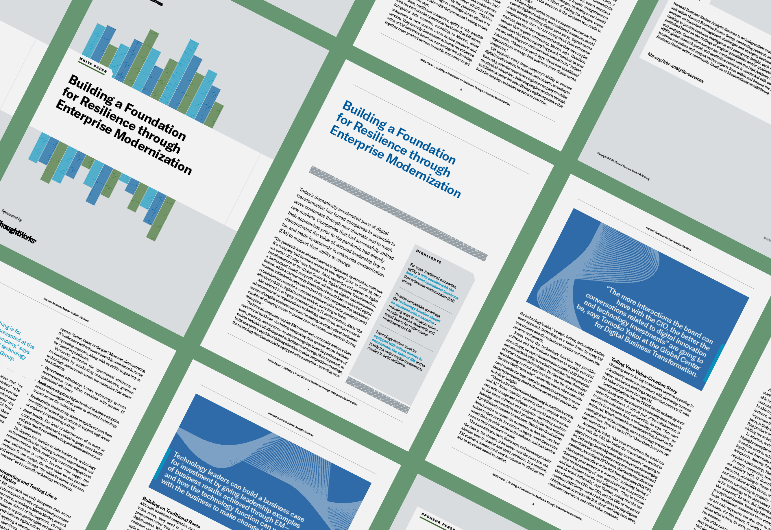 Mockup of 'Building a foundation for resilience through enterprise modernization. From Harvard 'Business Review Analytic Services sponsored by Thoughtworks.'