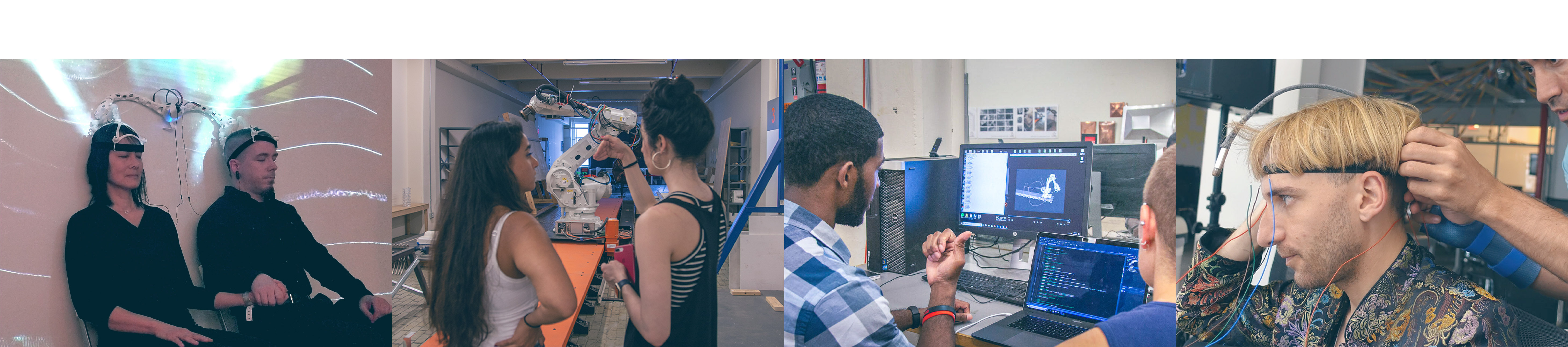 Collage of four images from Thoughtworks Arts projects with people interacting with head gears, robots and coding
