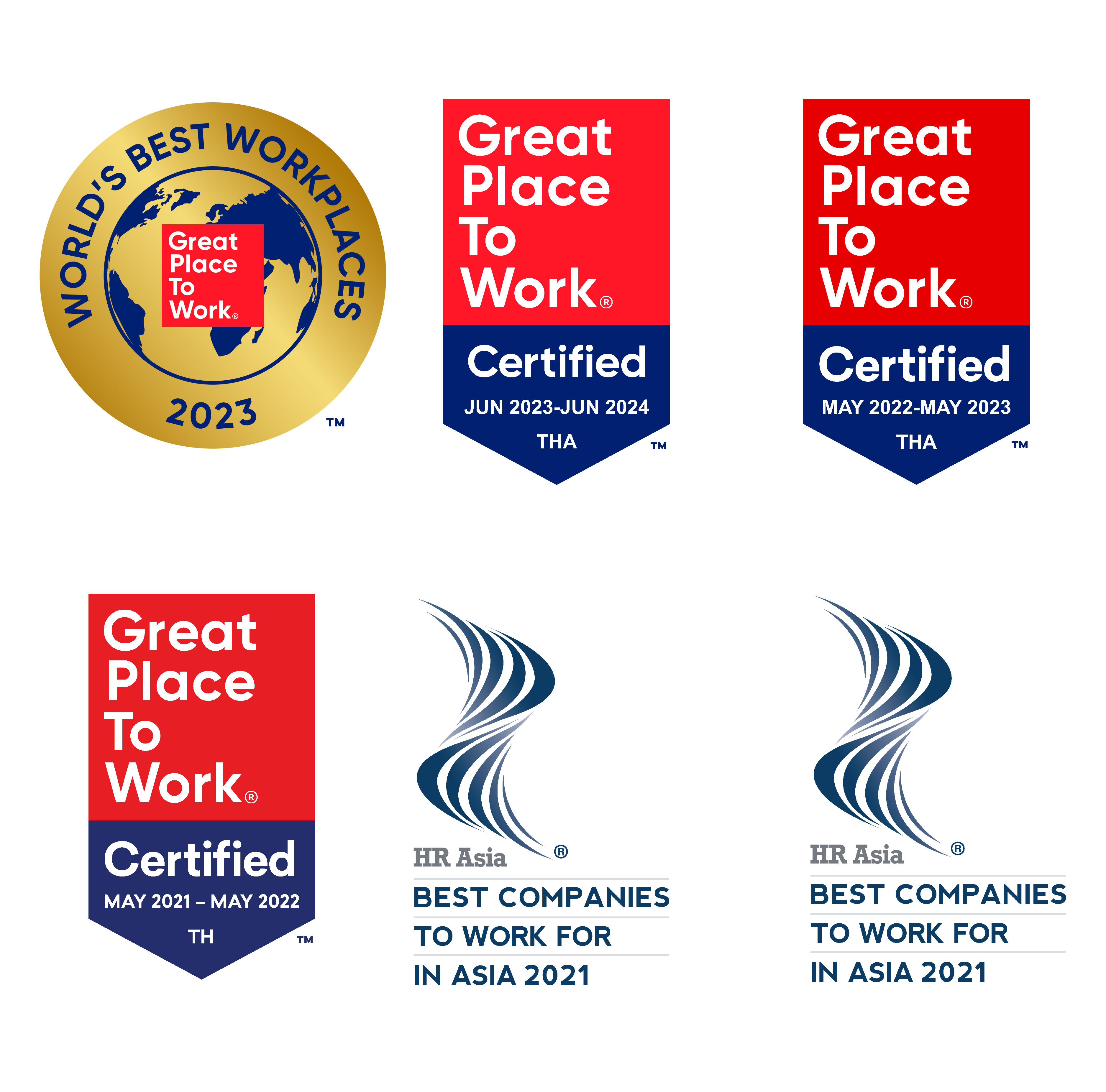 A variety of logos showing that Thoughtworks has been certified as a Great Place to Work in Thailand