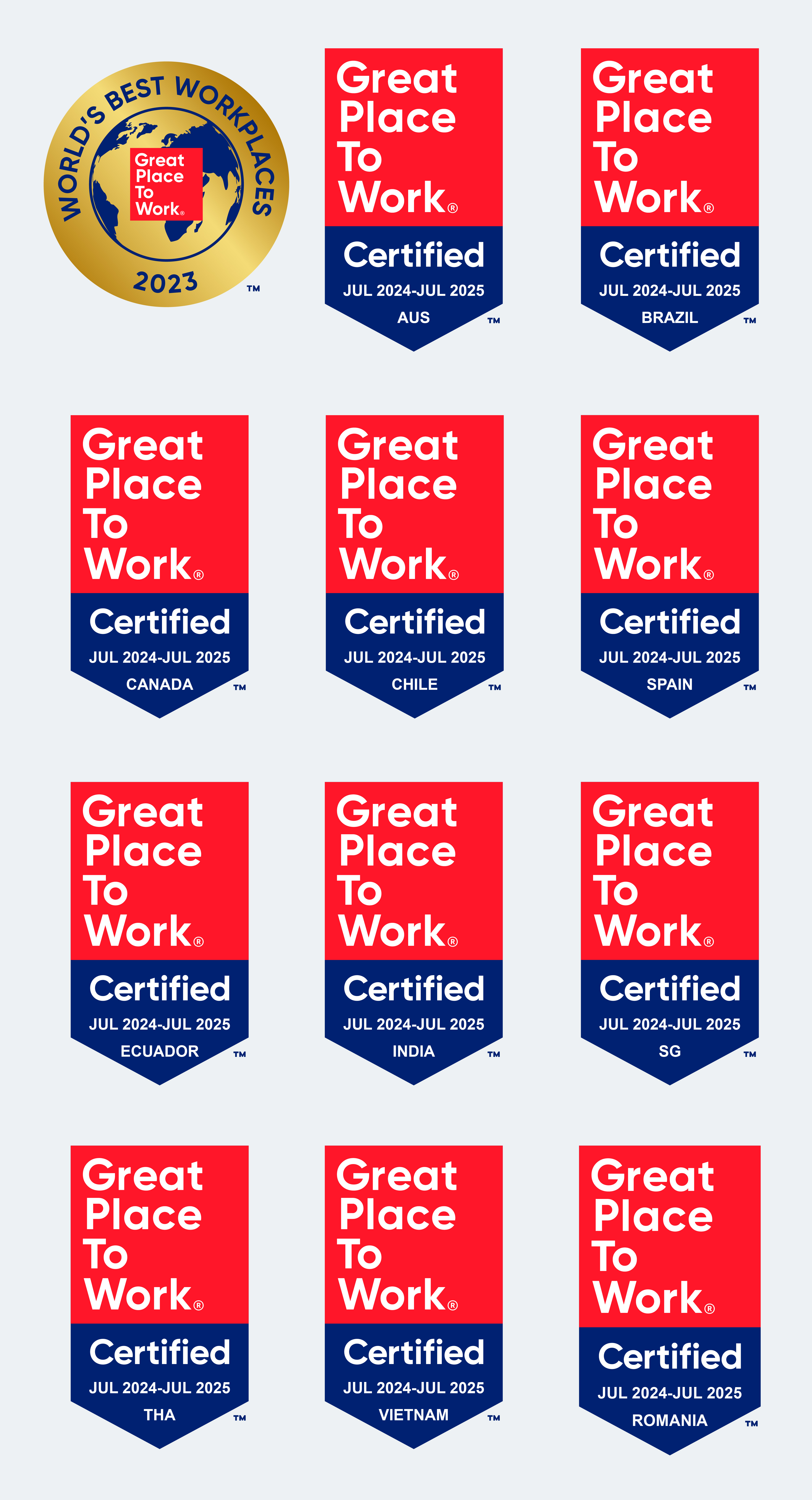 A variety of logos showing that Thoughtworks has been certified as a Great Place to Work in a number of regions across the globe